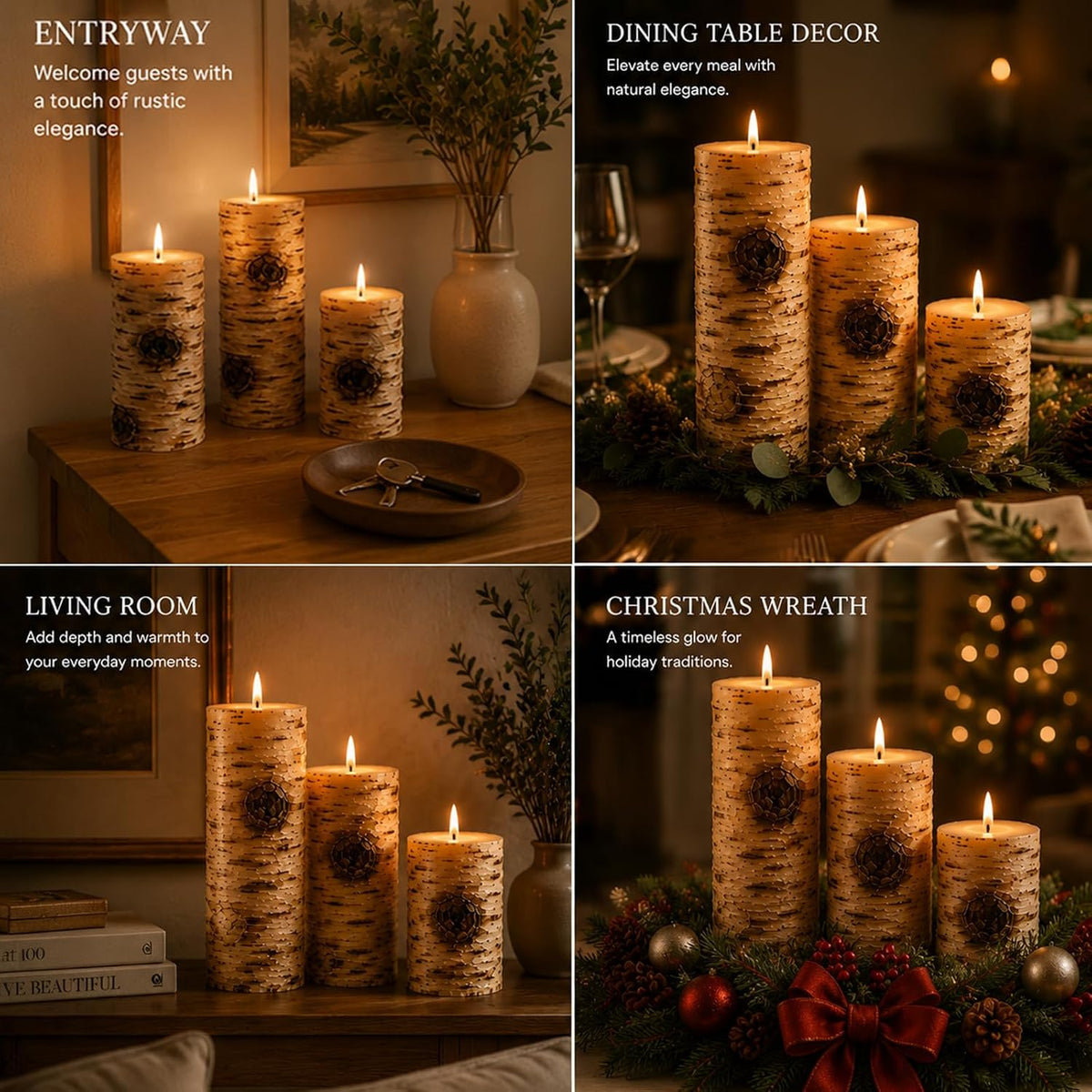 Rustic Birch Bark Pillar Candle Set of 3, Unscented Home Decor
