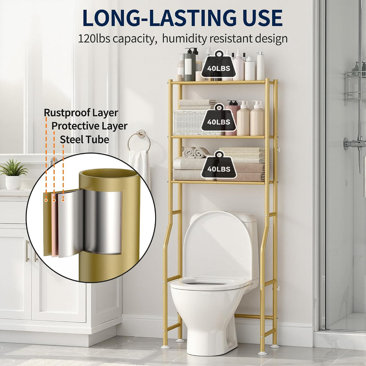 GloTika 3-Tier Over Toilet Storage, Anti-Wobble, Gold