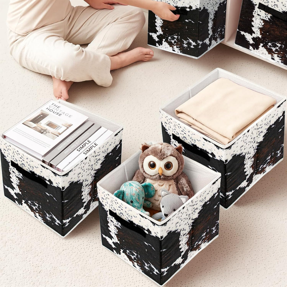 BBSET 6 Pcs western Cow Cube Storage Bins 12.5 inch with Handle
