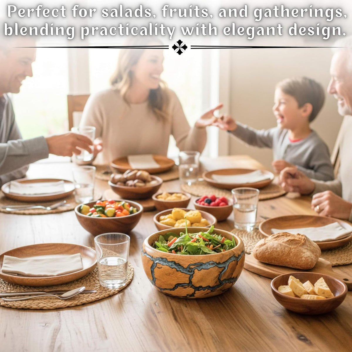 Decorative Wooden Bowl, Handcrafted Blue Resin Serving Bowl for Salad, Fruit & Kitchen Table Décor Bowl (Small)