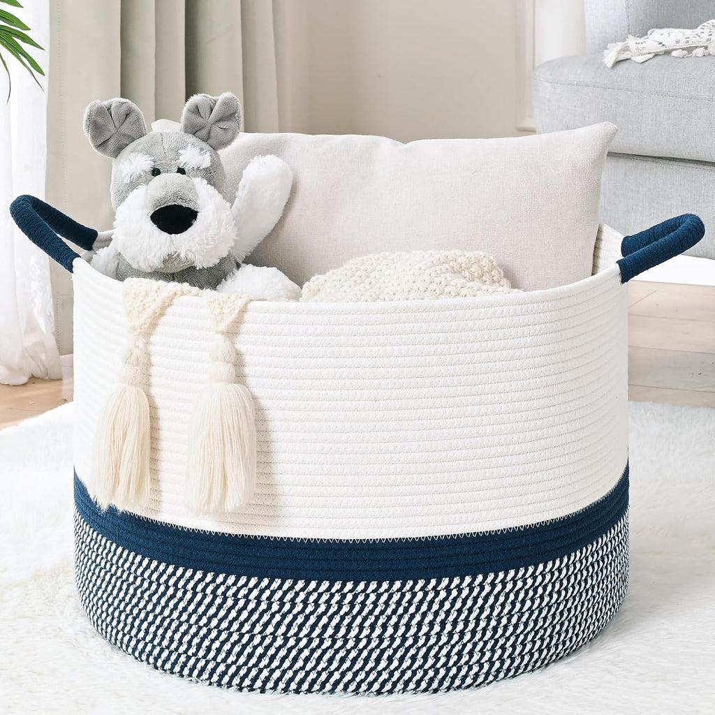 67L Large Blanket Basket, 20"x13" Blanket Basket Living Room, Woven Baskets With Handle, Toy Baskets for Blankets, Nursery, Dog, Pillow, Gift (White & Navy Blue)