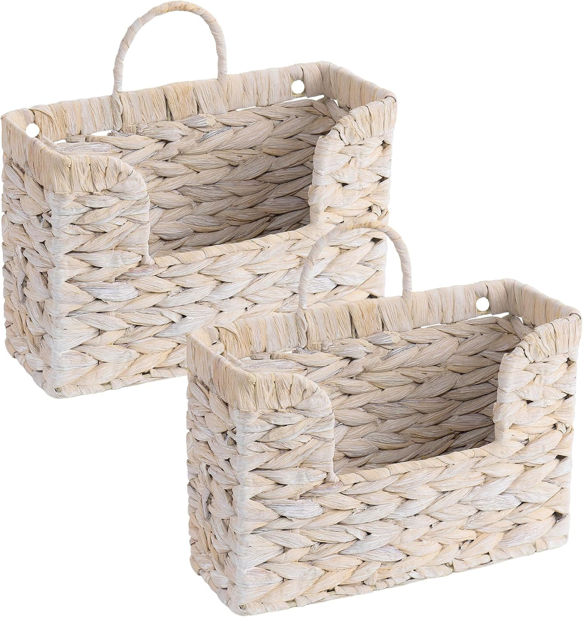 Set of 2 Magazine Holder Wall Basket Water Hyacinth Woven Mail Organizer, Wicker Wall Hanging Baskets for Magazines, Letters & Storage Decorative Mail Holder, Magazine Rack, Hanging Basket, Whitewash