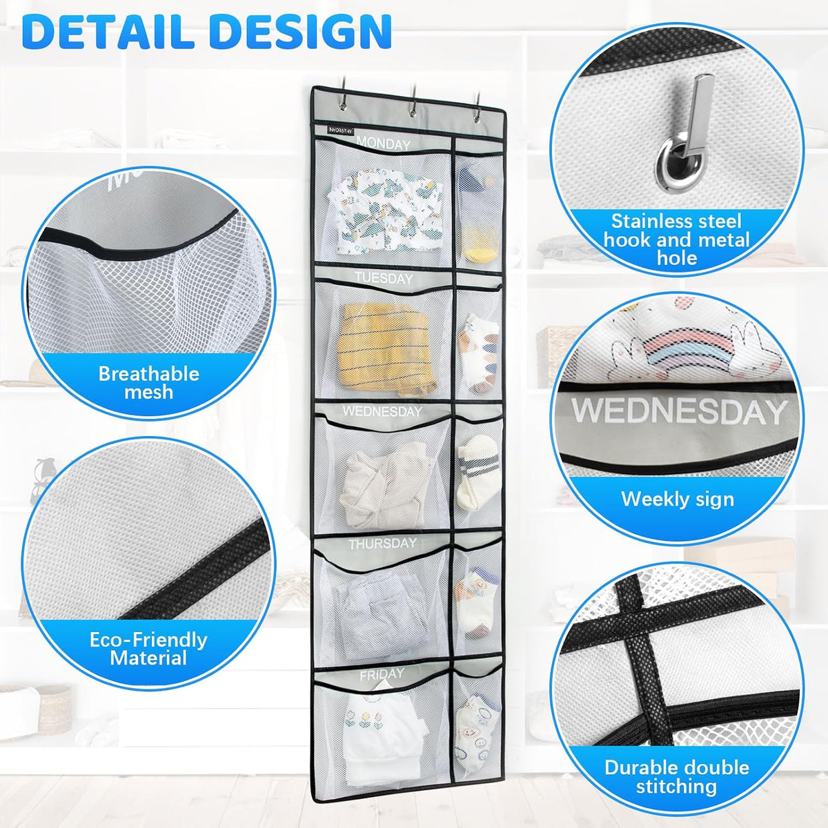 Weekly Kids Clothes Organizer - Day of Week School Clothing Organizer, Monday to Friday Time Save, No Odour, 5-Shelf Hanging Closet Storage (Grey)