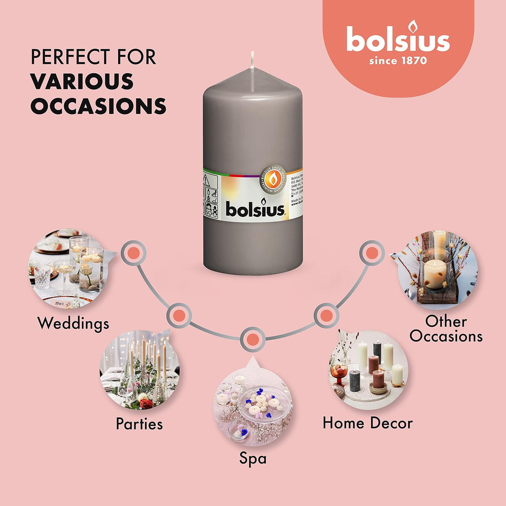 BOLSIUS 8 Grey Pillar Candles - 2.75 x 5 Inches - Premium European Quality - Individually Wrapped - 43 Hours Burn Time - Dripless & Smokeless - Unscented Dinner, Wedding & Restaurant Gray Candles