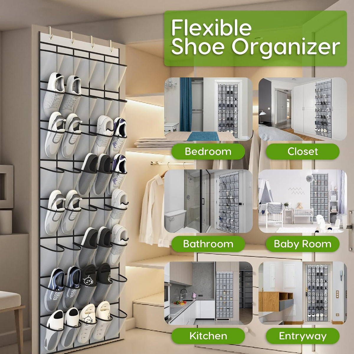 Over the Door Shoe Organizer with 40 Large Breathable Mesh Pockets, Space Saving Shoe Holder, Hanging Shoe Rack for Entryway Bedroom Closet Storage (Grey, 40 Pockets)