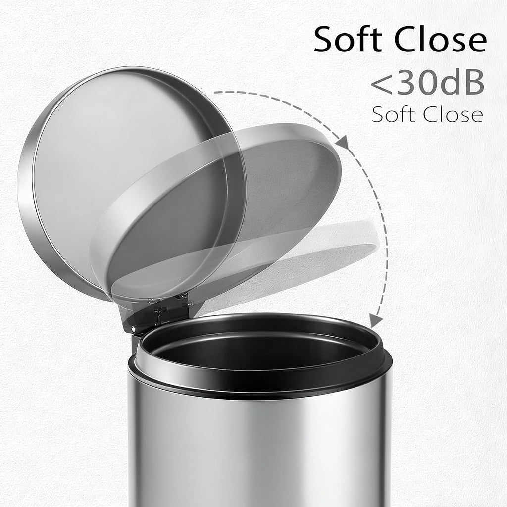 TIPGO Small Bathroom Trash Can with Lid Soft Close, 1.2 Gal, Silver