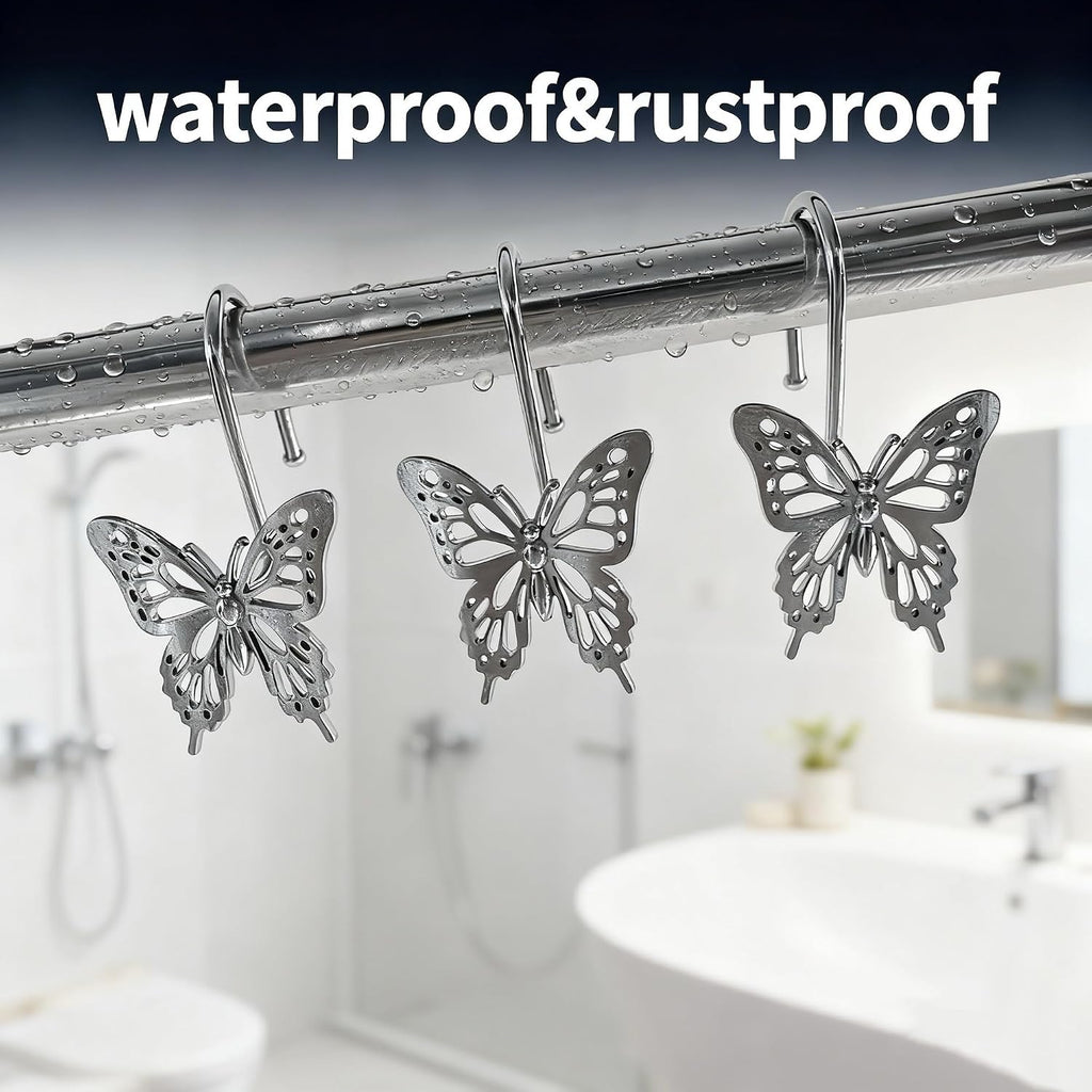 12PCS Decorative Shower Curtain Hooks, Metal Shower Curtain Rings, Rustproof Shower Curtain Hanger for Bathroom, Elegant Butterfly Design (Silver)