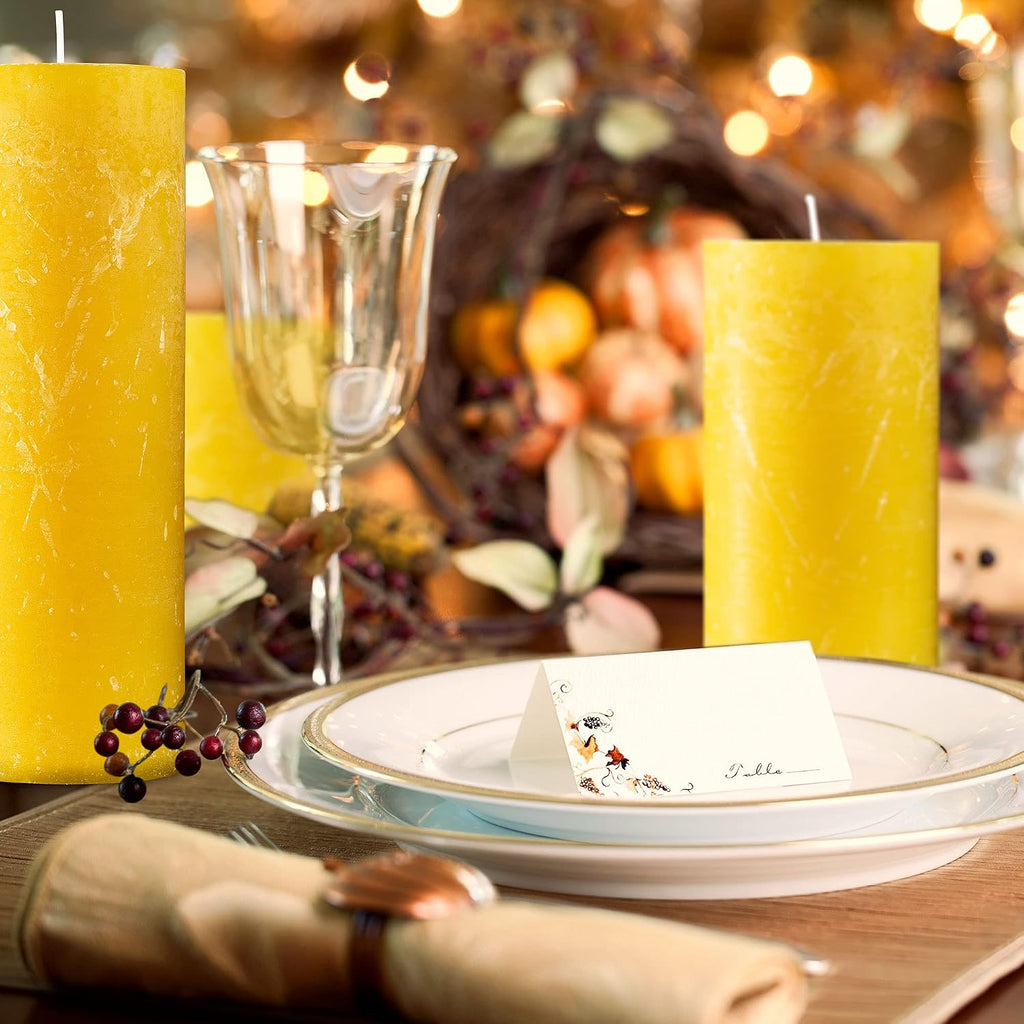 SPAAS Rustic Yellow Pillar Candles - 2.7" X 3" Decorative Candles Set of 4 - Clean Burning and Dripless Unscented Rustic Pillar Candles for Home Decorations, Wedding Decor, Party, Spa Restaurant