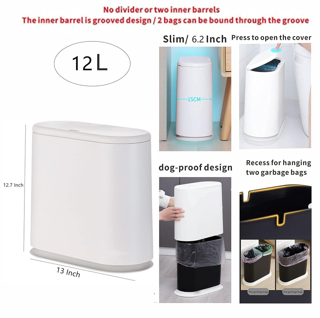 12L White Slim Bathroom Trash Can with Press Top Lid,3.17 Gallon Pet/Dog Proof Kitchen Trash Can,Thin Garbage Can,Covered Wastebasket,Narrow Small Plastic Trashcan for Craft Room,Bedroom,Office,Dorm