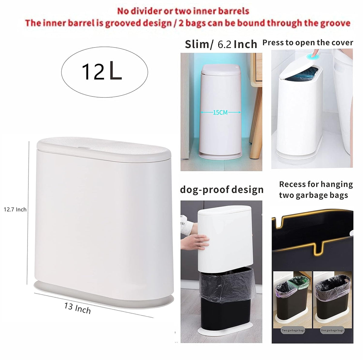 12L White Slim Bathroom Trash Can with Press Top Lid,3.17 Gallon Pet/Dog Proof Kitchen Trash Can,Thin Garbage Can,Covered Wastebasket,Narrow Small Plastic Trashcan for Craft Room,Bedroom,Office,Dorm