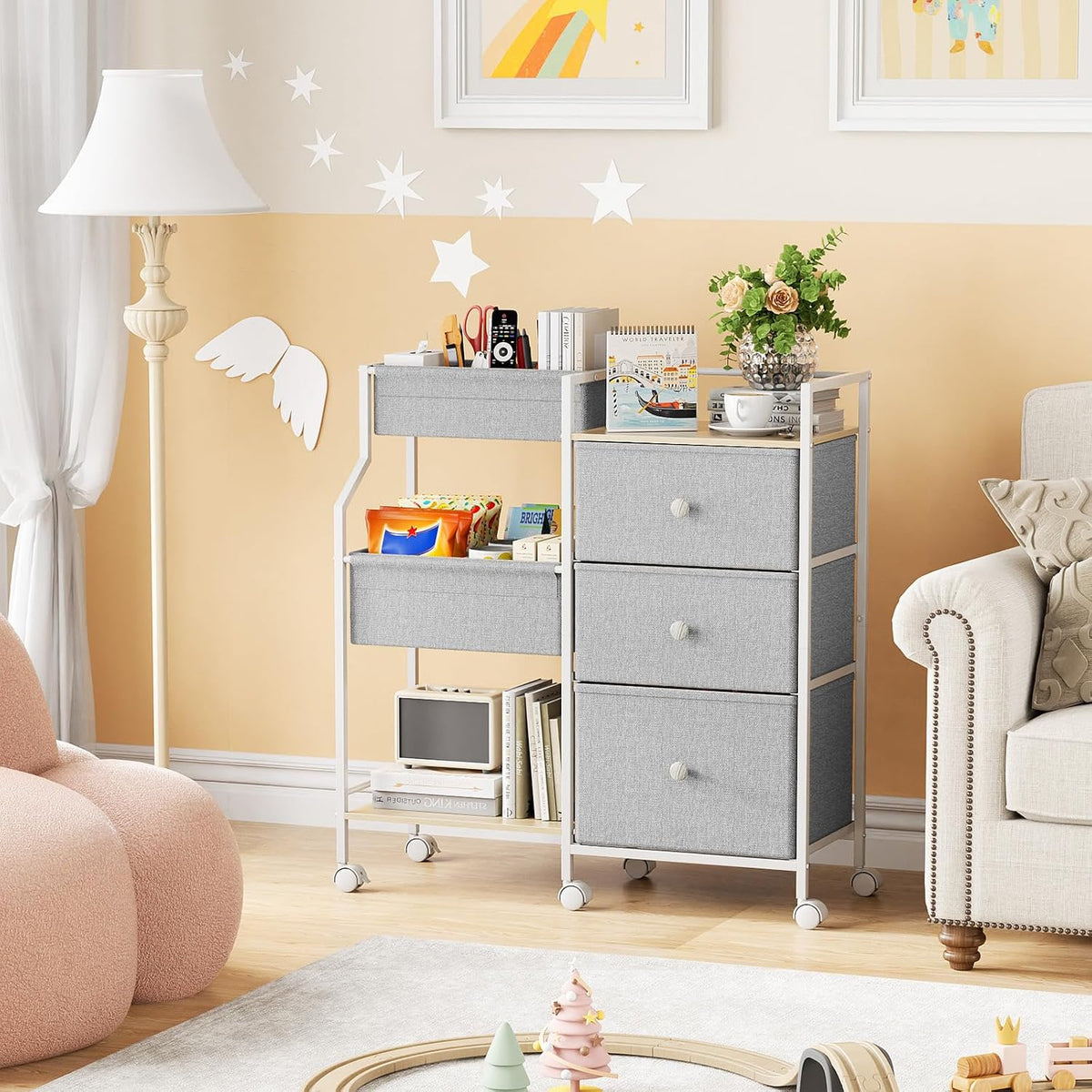 Modanais Baby Diaper Caddy Organizer Rolling Cart with Drawers, Light Gray