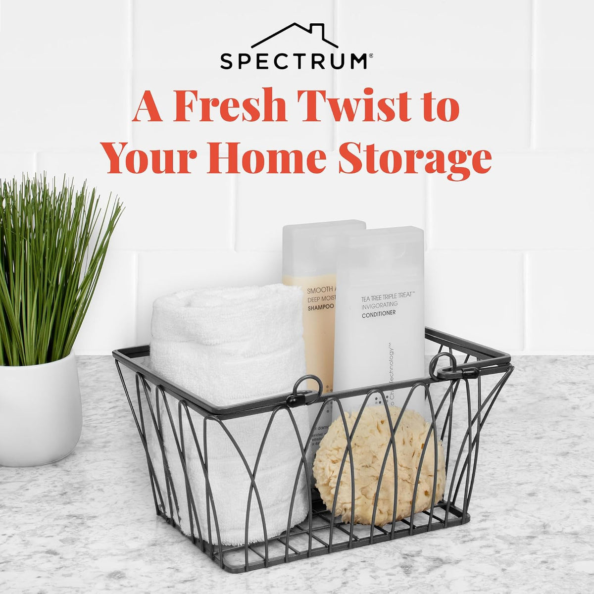 Spectrum Small Wire Basket with Handles Industrial Gray Farmhouse Basket Organizer for Kitchen Bathroom Laundry Pantry Shelf Organization, Twist Wire Metal Basket with Handle for Gifts or Storage