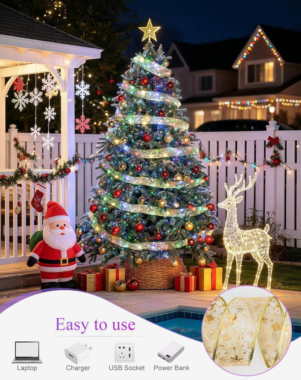 JMEXSUSS 66Ft 200 LED 2.5Inch Christmas Tree Ribbon Lights Christmas Decor