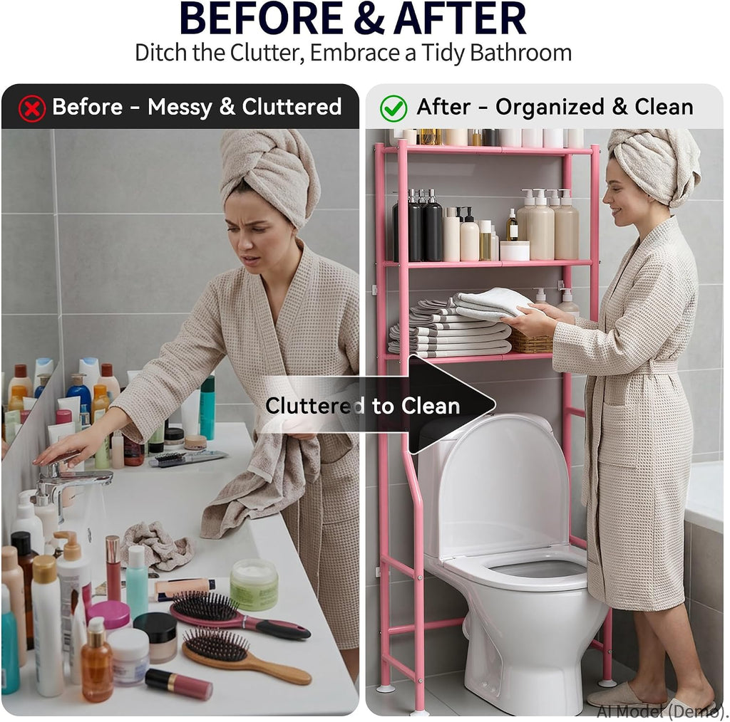 3-Tier Over Toilet Storage Cabinet, No Drilling, 64" H, Pink