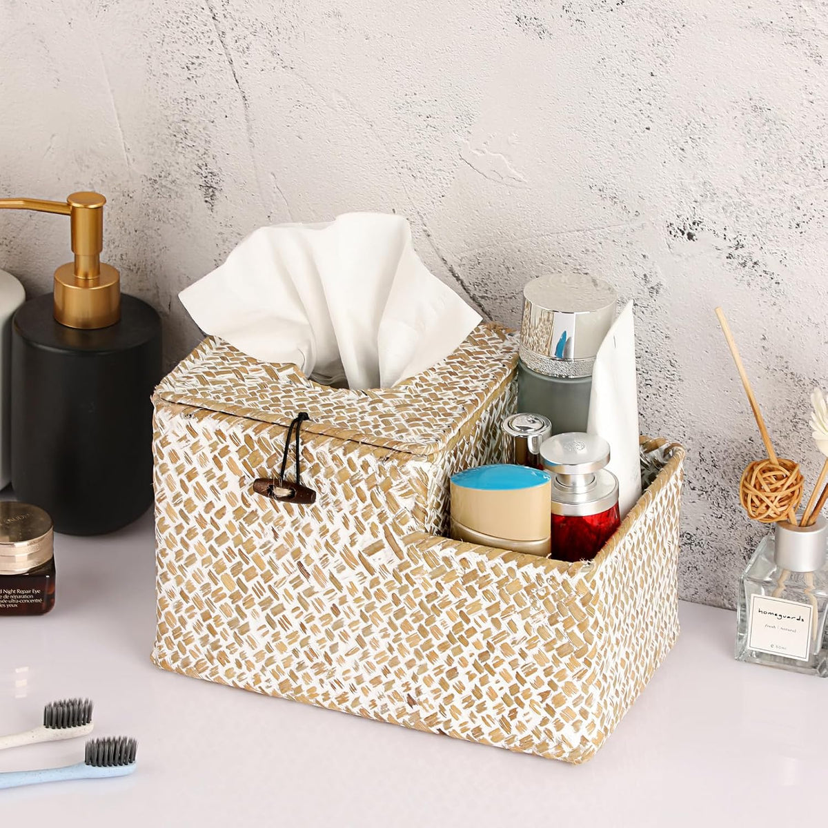 Sumnacon Tissue Box Cover Square Tissue Box Woven Seagrass Tissue Box Holder with Side Organizer, Rustic Tissue Holder for Living Room Bathroom Bedroom Kitchen Office Table Desk, White