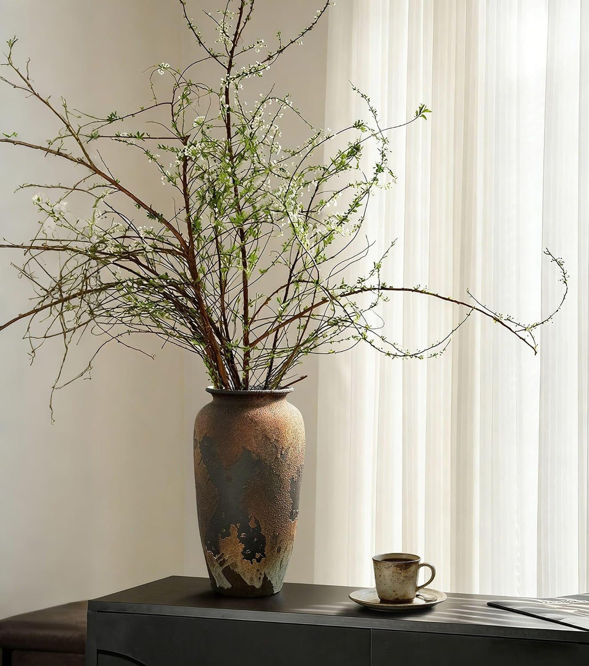 12-Inch Rustic Brown Textured Ceramic Vase for Eucalyptus and Pampas Grass