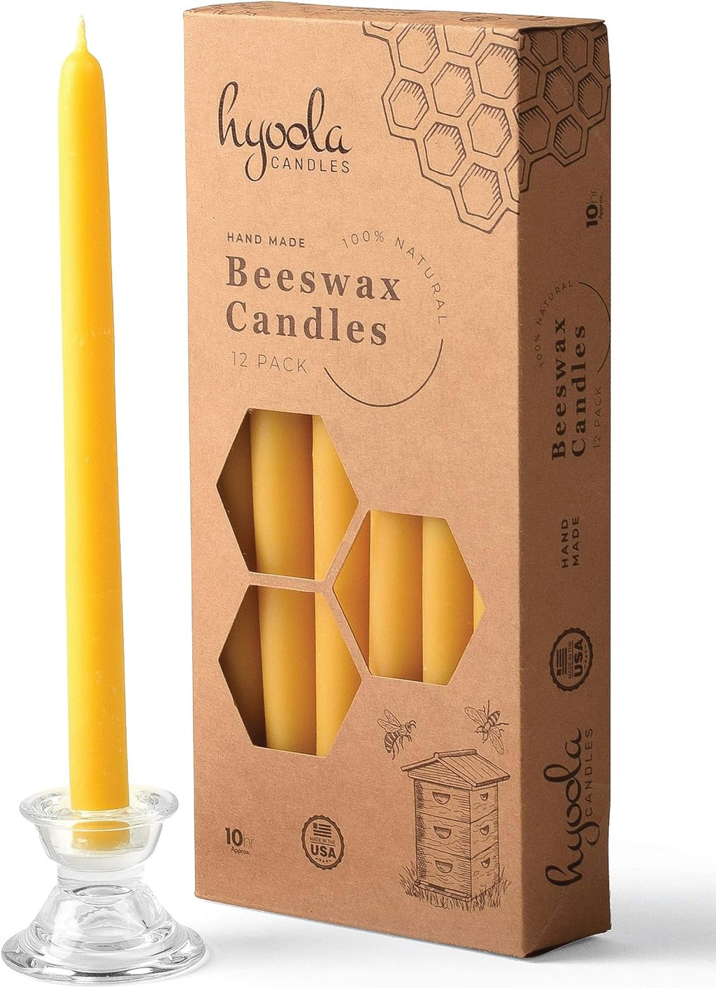 Hyoola 10 Inch Beeswax Taper Candles - 12 Pack - Handmade, All Natural, 100% Pure Unscented Bee Wax Candle - Tall, Decorative, Golden Yellow - 10 Hour Burn Time
