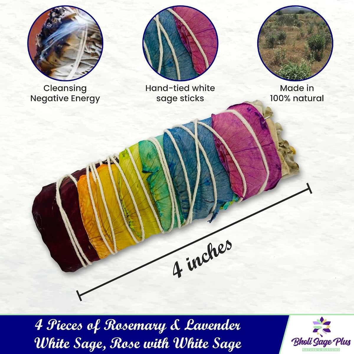 Sage Smudge Kit Variety Pack of 4 – California White Sage, Rose, Rosemary Lavender & 7 Chakra Smudge Sticks, Handcrafted Dried Sage Bundles for Meditation, Home Cleansing & House Blessing
