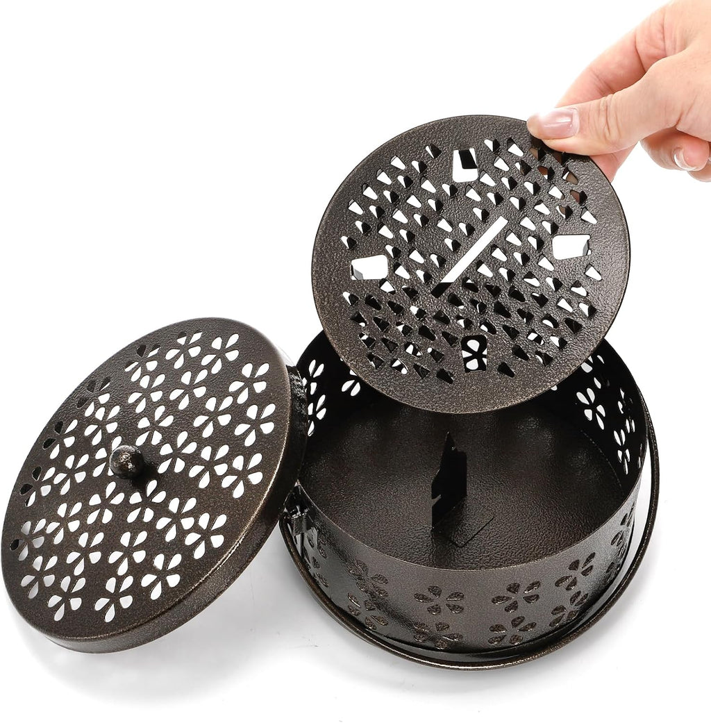 ZENFUN 2 Pack Iron Coil Holders with Lid and Handle, Bronze Incense Coil Burner with Lid, Retro Portable Coil Holder for Camp Use, Indoor, Outdoor, Fireproof, 5.7 Inches Diameter