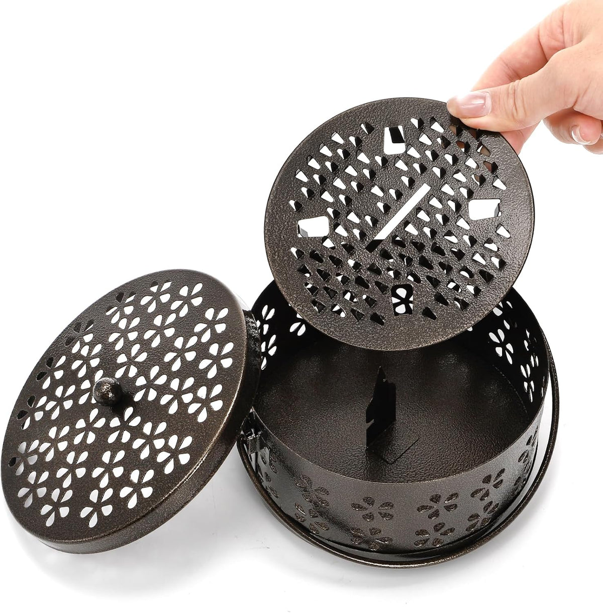 ZENFUN 2 Pack Iron Coil Holders with Lid and Handle, Bronze Incense Coil Burner with Lid, Retro Portable Coil Holder for Camp Use, Indoor, Outdoor, Fireproof, 5.7 Inches Diameter