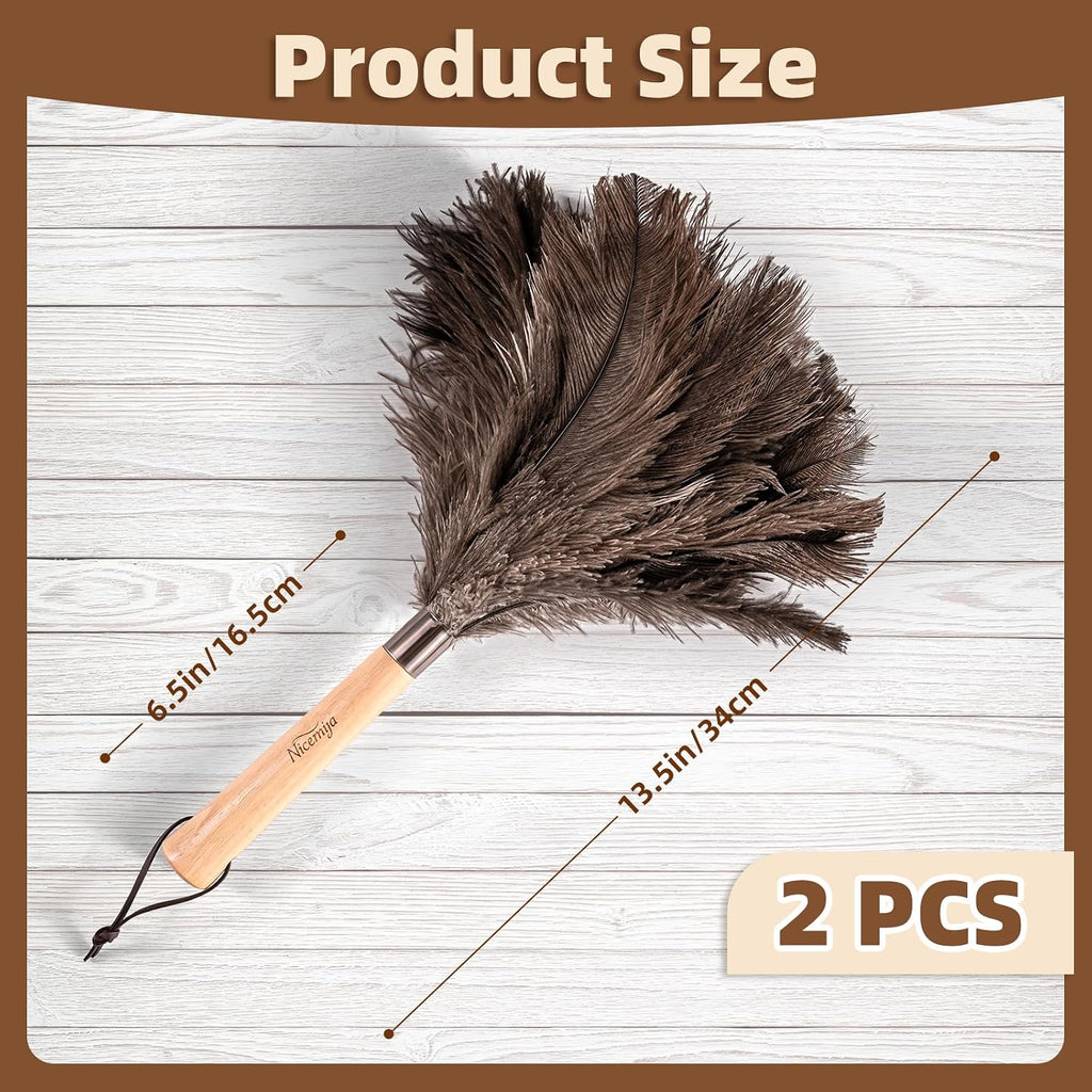 2 Pack Ostrich Feather Dusters for Cleaning with Wooden Handle, 13.5 inch