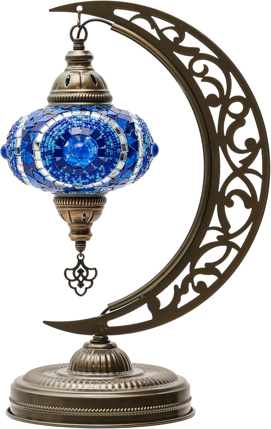 Turkish Lamp, Unique Lamps, Moon Shaped Mosaic Table Lamp, Moroccan Handmade Antique Bohemian Vintage Lamp Shade, Tiffany Desk Bedside Stained Glass Lamp with US Plug and E12 Socket
