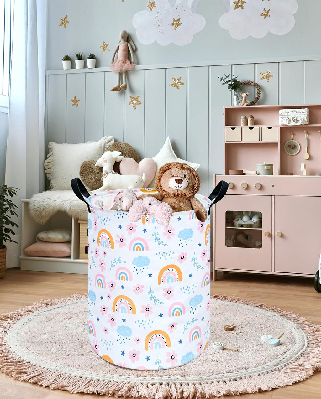 Pastel Rainbow Floral Laundry Hamper, Round Foldable Storage Basket with PU Leather Handles and Water-Resistant Lining for Bedroom, Dorm, Nursery, Clothes and Toys