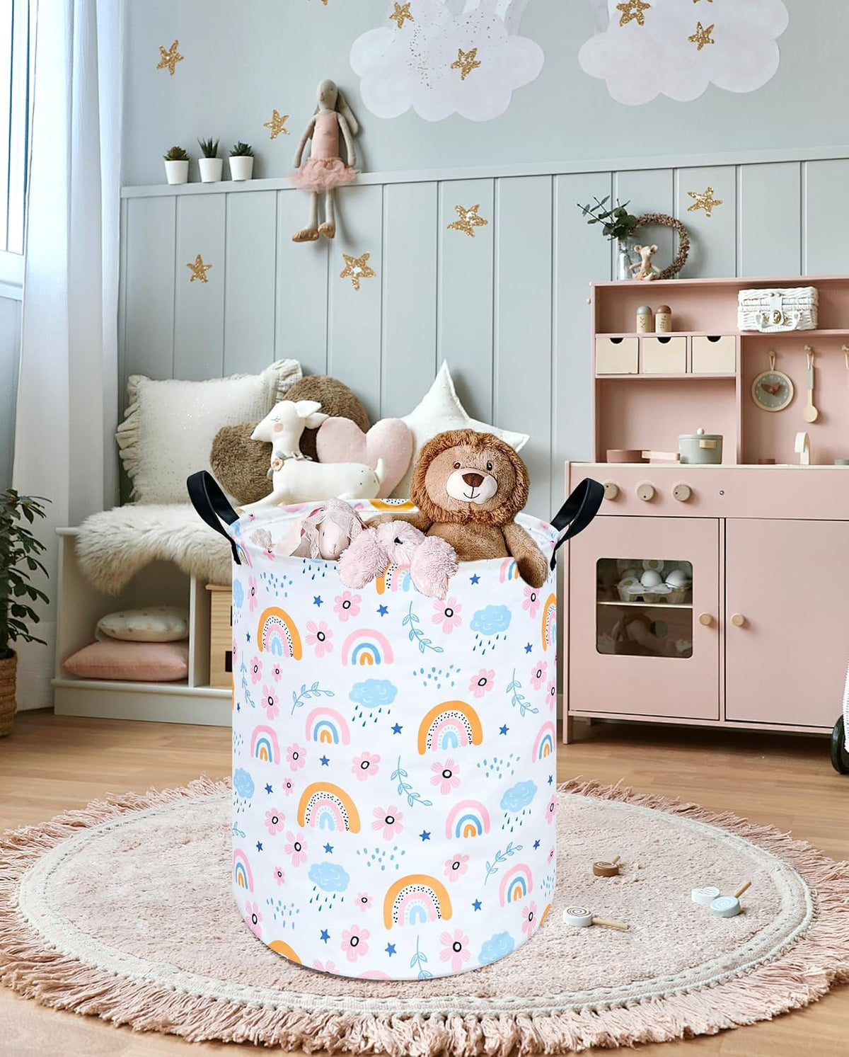 Pastel Rainbow Floral Laundry Hamper, Round Foldable Storage Basket with PU Leather Handles and Water-Resistant Lining for Bedroom, Dorm, Nursery, Clothes and Toys