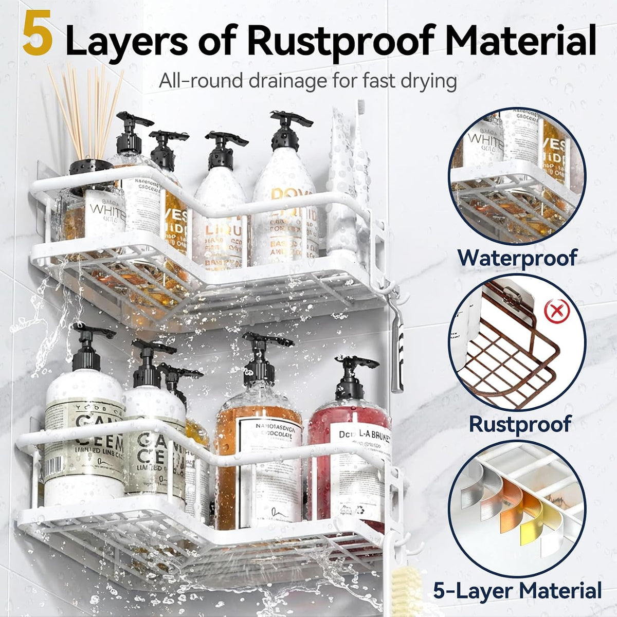 YASONIC Corner Shower Caddy Adhesive, 100% Rustproof Shower Organizer with Soap Holder, No Drill Shower Shelf for Inside Shower, Wall-Mounted Shower Storage for Homes (3 Pack, White)