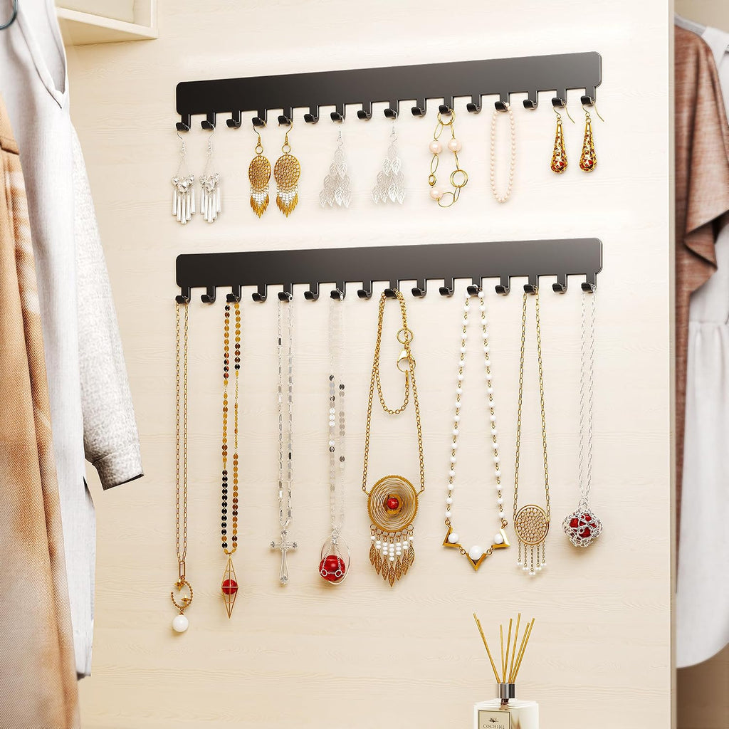 bussdis Extended Self-Adhesive Necklace Holder, Wall Mounted Jewelry Organizer for Necklaces, Earrings, Rings & Bracelets, No Drilling, Space-Saving, 2 Pack, Black