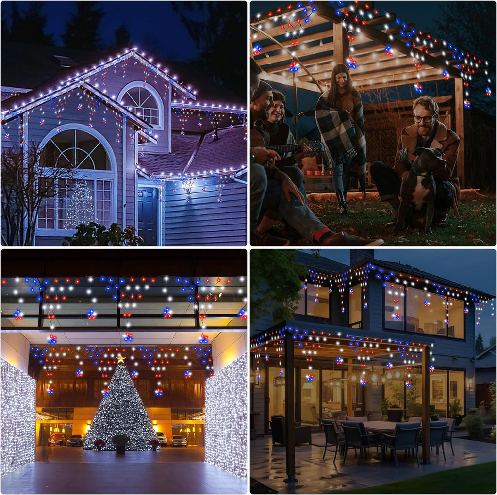 DANLI 4th of July Lights 13.8ft 200 LED Red White Blue Net Lights with 12 Stars,8 Modes Curtain Lights with Remote Timer,Dimmable & Waterproof for Outdoor Decorations Balcony Porch Fence Window