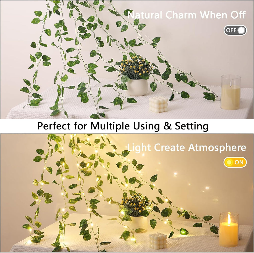 Vines with Lights Battery Operated, 6.56ft 20 LED Pothos with Fairy Lights, Leaf Lights with 8 Modes, Fake Vines Ivy String Lights for Bedroom, Wall, Room, Garden, Party Decor, 4 Pack