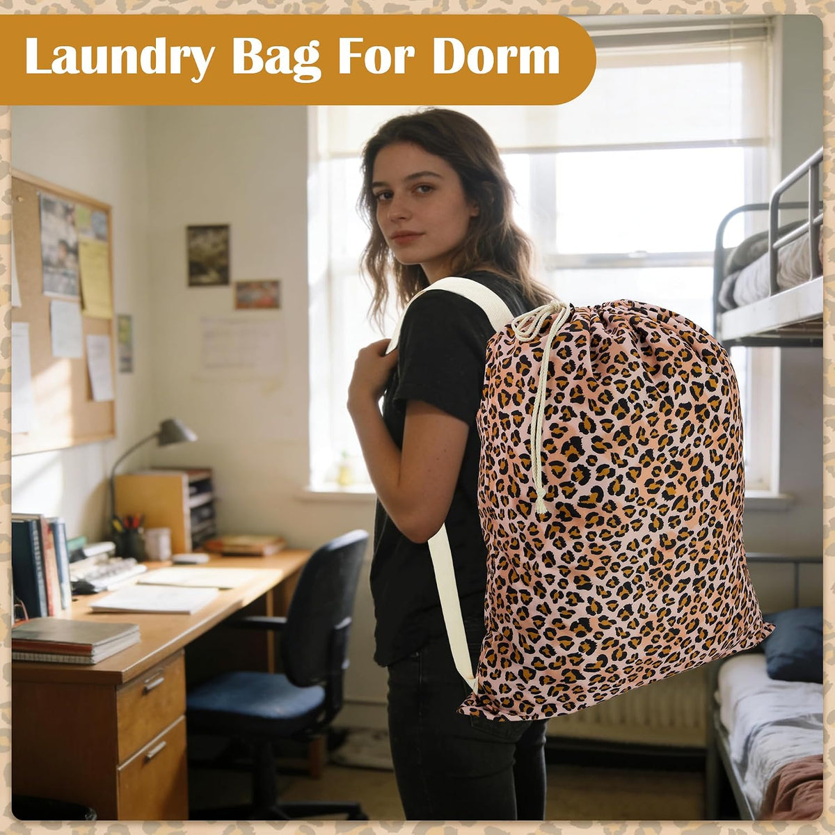 Canvas Laundry Bag with Shoulder Strap & Drawstring, Leopard, 23"W x 29"H