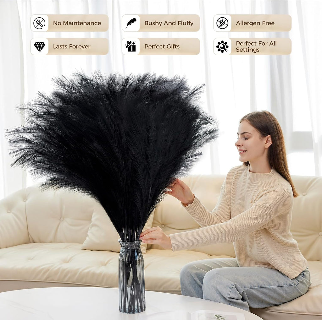10 Pcs 39''/3.2FT Black Pampas Grass Large Tall Fluffy Artificial Fake Flower for Bedroom Boho Decor Floor Vase Filler Farmhouse Home Wedding Decor