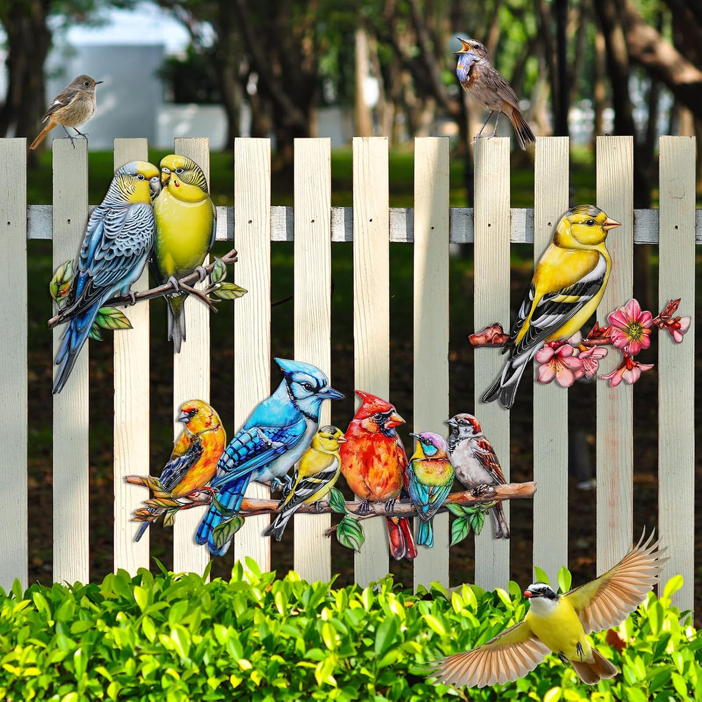 YOADEHOA Metal Wall Art Decor Birds on Branch, 3D Colorful Bird Outdoor Hanging Wall Art Patio Fence Decorations, Hummingbird Wall Sculptures for Indoor Outdoor Garden (Birds C)
