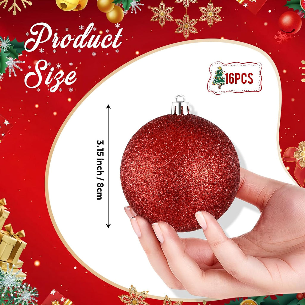 Leitee 16 Pcs 3.15 Inch Glitter Christmas Ball Ornaments, Red