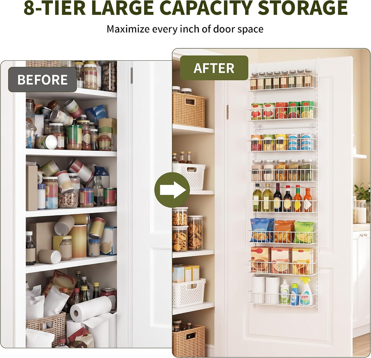 ElegantArray 8-Tier Pantry Door Organizer, Hanging Storage Basket, White