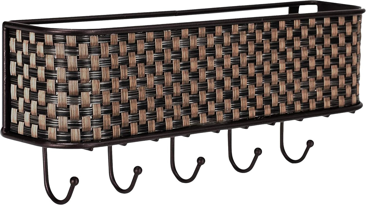 Home Basics Wall Mount Mail Letter Organizer Basket Shelf and 5 Key Hook/Holder in Brown Weave