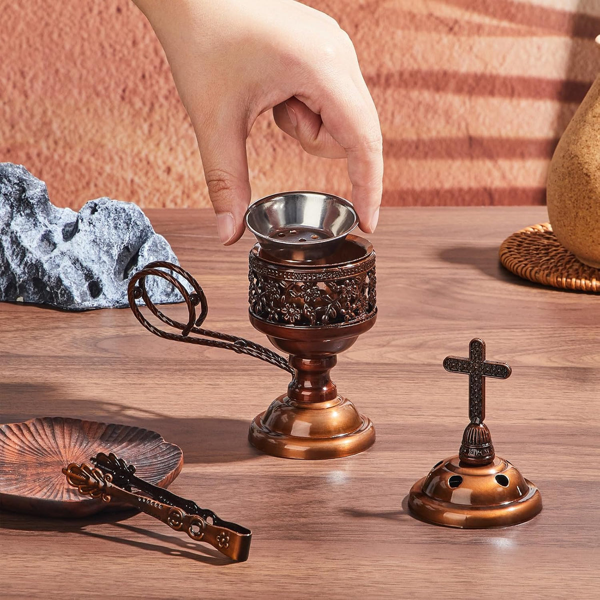 Zonon 2 Sets Incense Burner with Tong, Red Copper, Classic