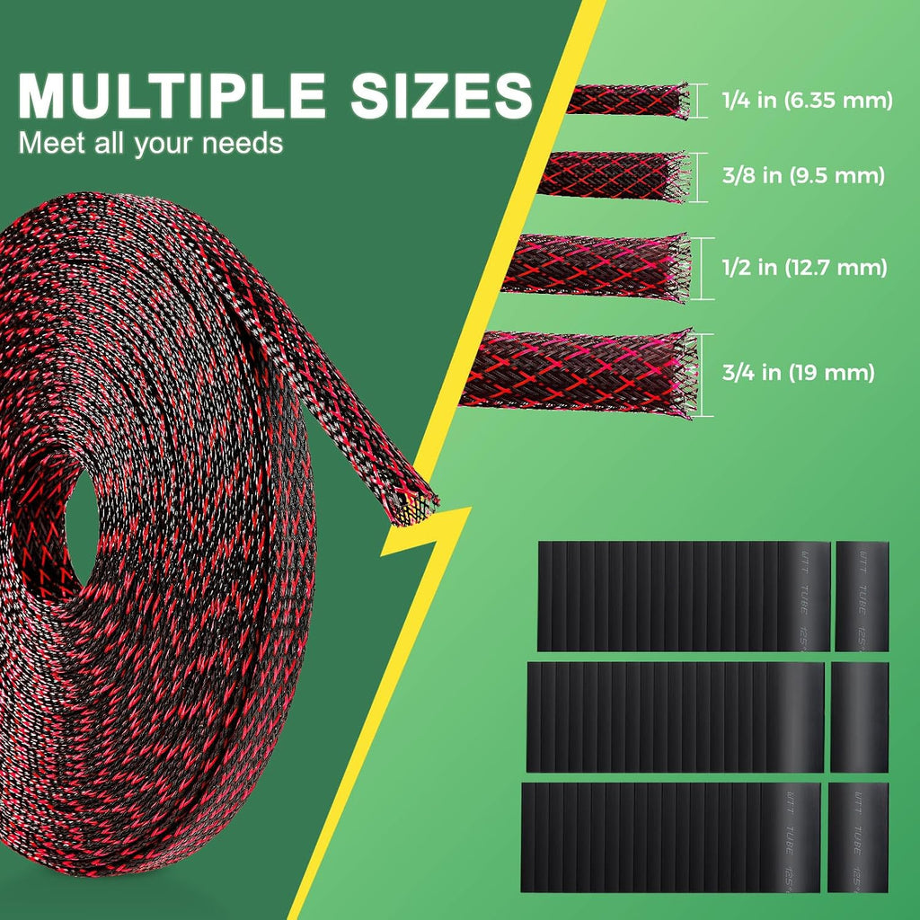 132 ft Expandable Braided Cable Sleeve Wire Loom PET Wire Sleeving，Wrap Management Mesh for Audio Video and Other Home Device Cable Automotive Wire - (1/2 Inch, 1/4 Inch, 3/8 Inch,3/4 Inch, Red)