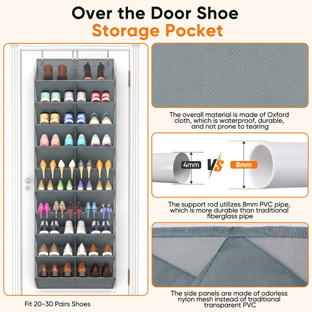 Over the Door Shoe Organizer, 20-30 Pairs Shoe Storage, 10-Tier, Grey