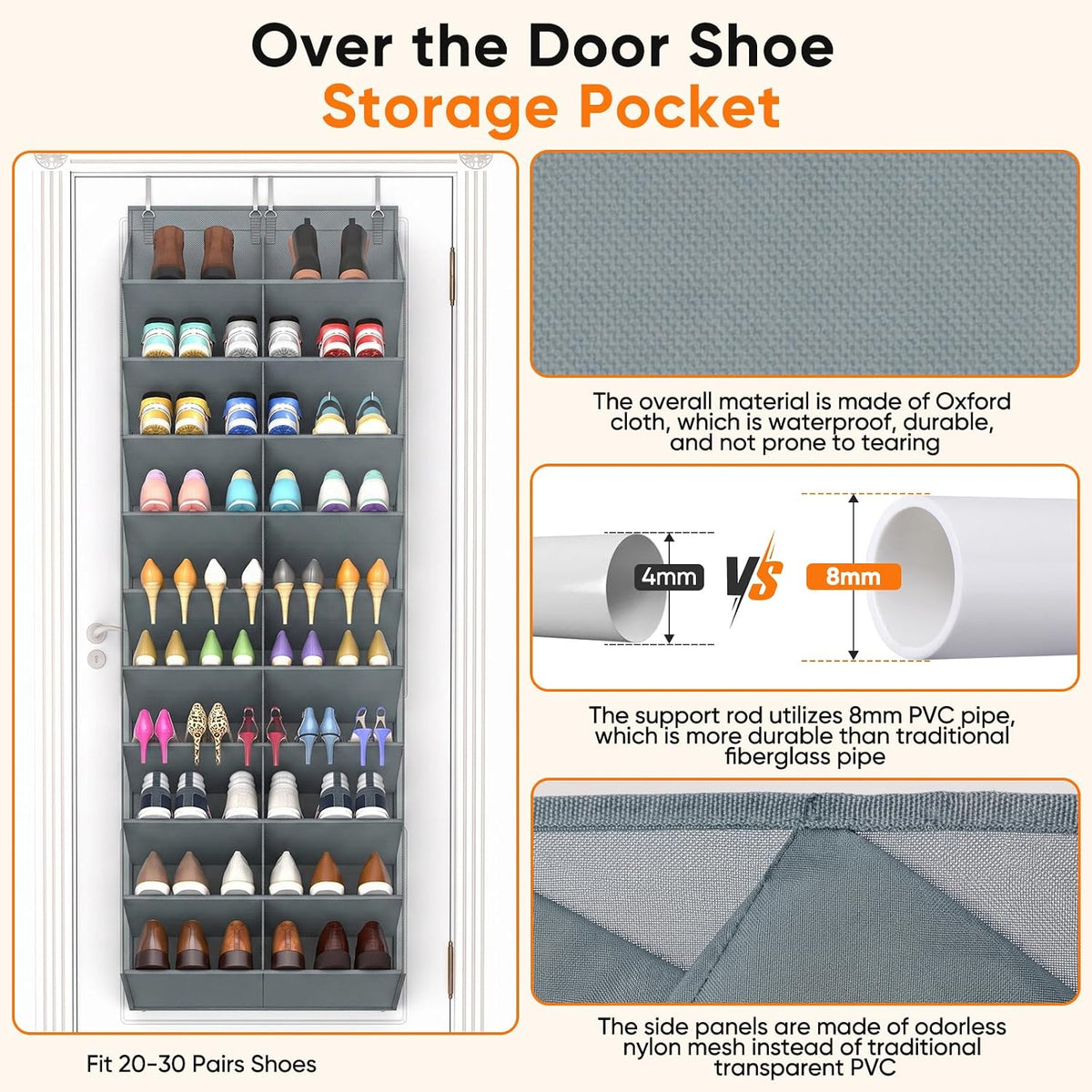 Over the Door Shoe Organizer, 20-30 Pairs Shoe Storage, 10-Tier, Grey