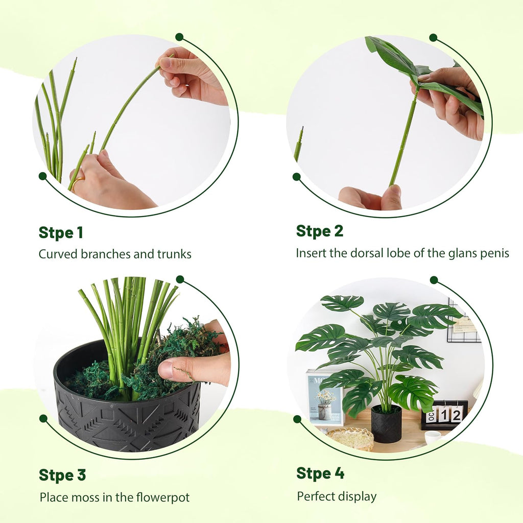Der Rose 2 Pack 28" Fake Plants, Monstera Plant in Black-and-White Pots