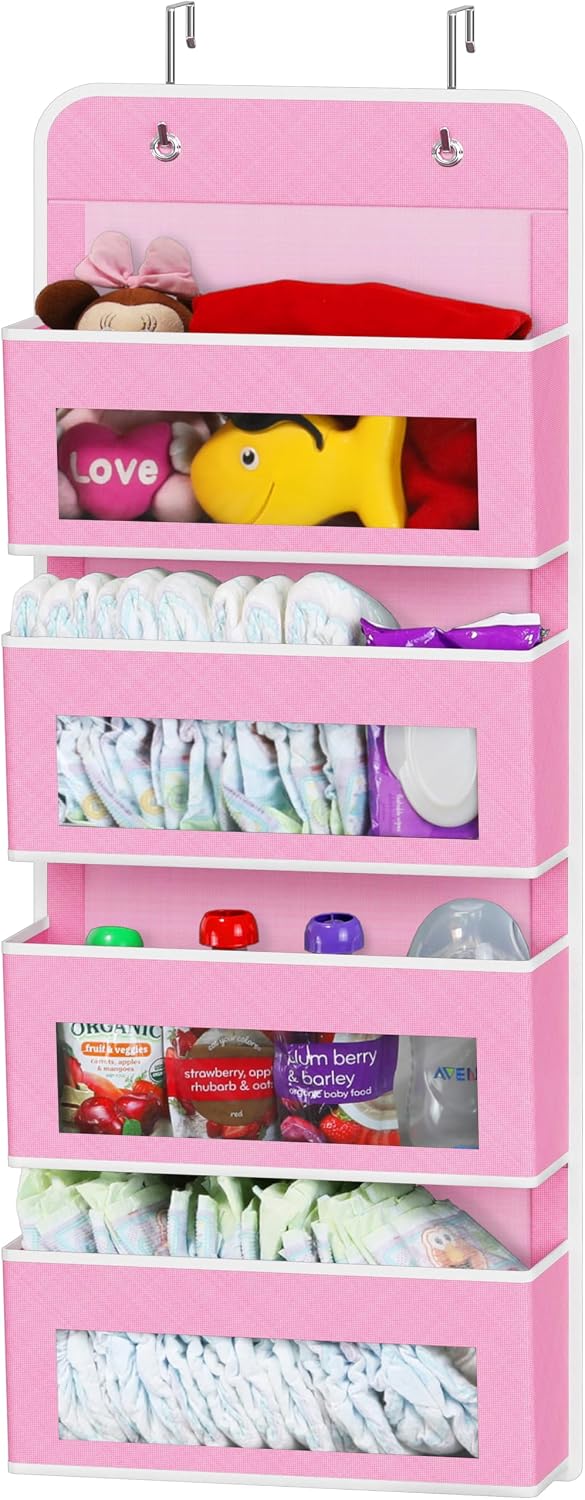 Simple Houseware 4 Clear Window Pocket Over Door Hanging Organizer, Pink