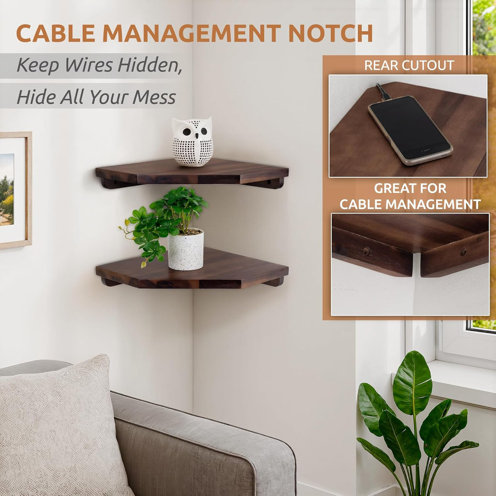 Demigo Hexagon Corner Floating Shelves, 2-Pack Acacia Wood Wall Shelf