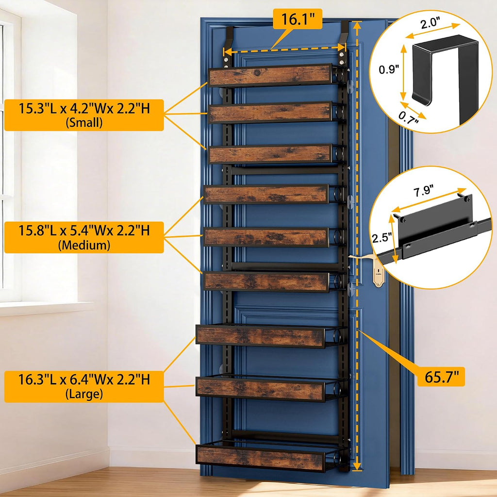 9 Tier Over The Door Pantry Orangizer 2 IN 1 Wall Mounted or Hanging Spice Rack with Adjustable Wood Basket,Heavy Duty Seasoning Storage Shelf for Kitchen Pantry and Bathroom Black