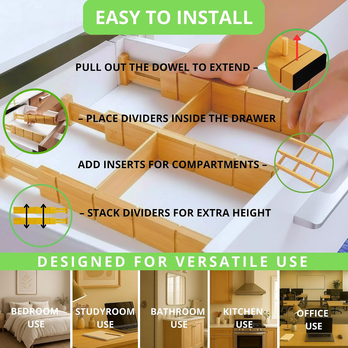 13.9-17.7" Expandable Bamboo Drawer Dividers with Inserts 4-Pack Spring-Loaded with Non-Slip EVA Pads, Adjustable Separator Set for Kitchen,Dresser,Bedroom, Office,Bathroom