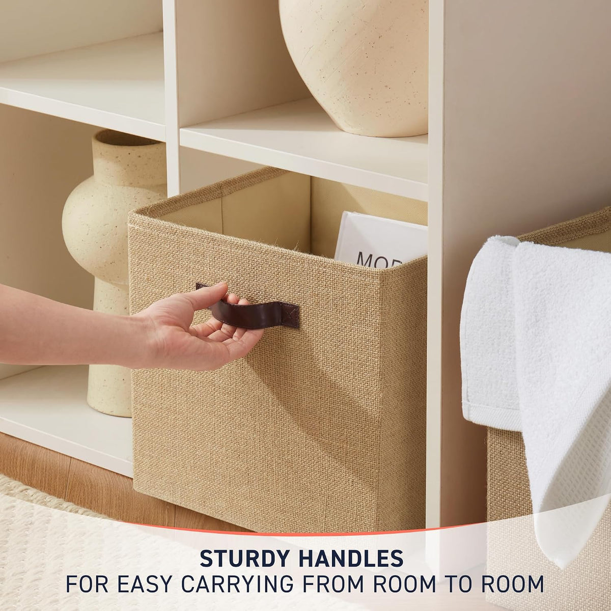 Ornavo Home 13x13 Jute Storage Cube Bins, 6 Pack, Foldable, Leather Handles
