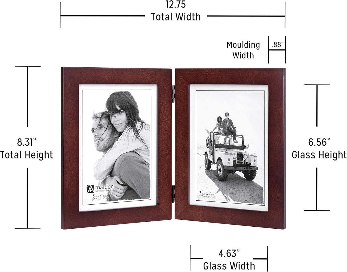 Malden Double Vertical 5x7 Picture Frame - Wide Real Wood Molding, Real Glass - Dark Walnut