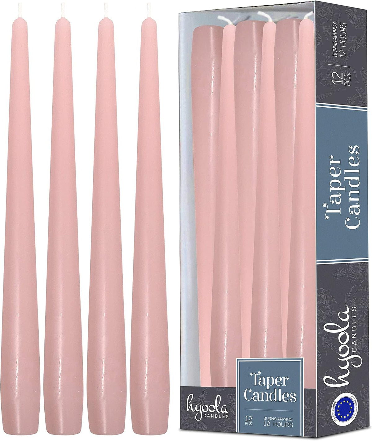 Hyoola Tall Taper Candles - 12 Inch Light Pink Unscented Dripless Taper Candles - 10 Hour Burn Time - 12 Pack
